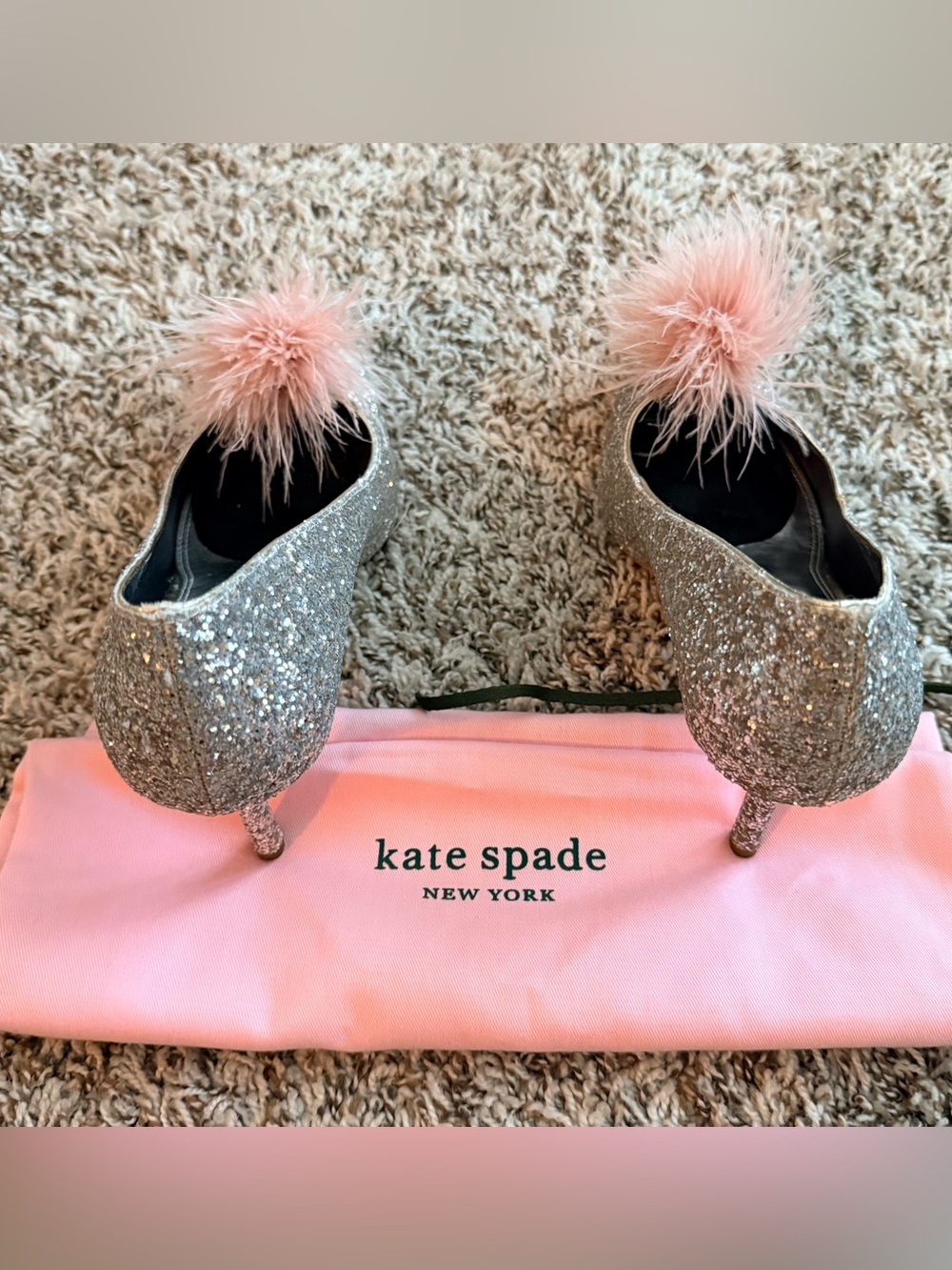 kate spade Silver Glitter Pointed Pumps with Pink Feather Poms - Picture 8 of 8
